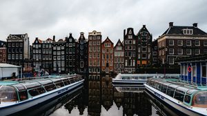 Превью обои город, здания, архитектура, река, лодки, амстердам