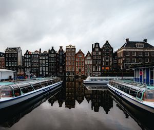 Превью обои город, здания, архитектура, река, лодки, амстердам