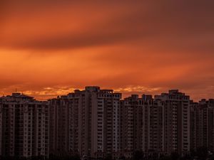 Превью обои город, здания, архитектура, закат, темный