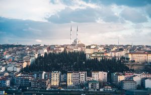 Превью обои город, здания, архитектура, башни, городской пейзаж, вид сверху