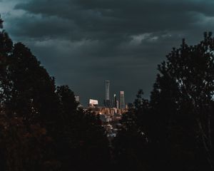 Превью обои город, здания, деревья, тучи, темный