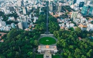 Превью обои город, здания, деревья, вид сверху, городской пейзаж