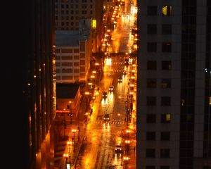 Превью обои город, здания, дорога, автомобили, фонари, вид сверху, темный
