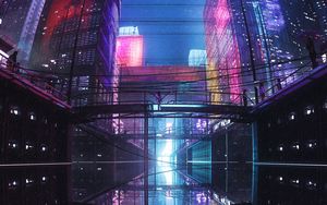 Превью обои город, здания, мост, отражение, фиолетовый, темный
