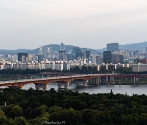 Превью обои город, здания, мост, деревья, река, вид сверху