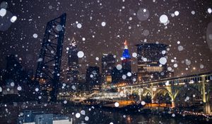 Превью обои город, здания, мост, снег, боке