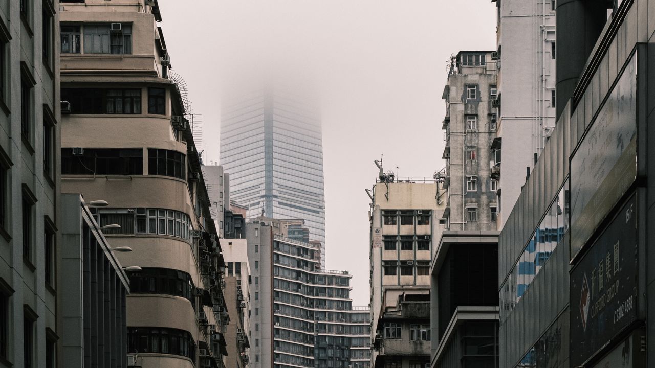 Обои город, здания, небоскреб, туман