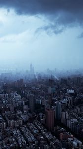 Превью обои город, здания, небоскребы, туман, мрак