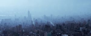 Превью обои город, здания, небоскребы, туман, мрак