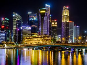 Превью обои город, здания, небоскребы, подсветка, вода, ночь