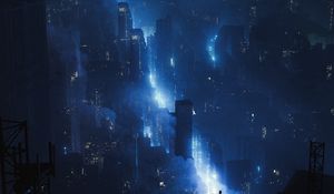Превью обои город, здания, неон, свечение, туман, вид сверху