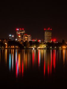 Превью обои город, здания, огни, свечение, отражение