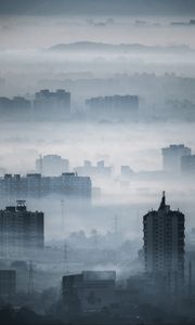 Превью обои город, здания, туман, вид сверху, иллюзия