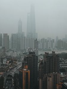Превью обои город, здания, туман, вид сверху