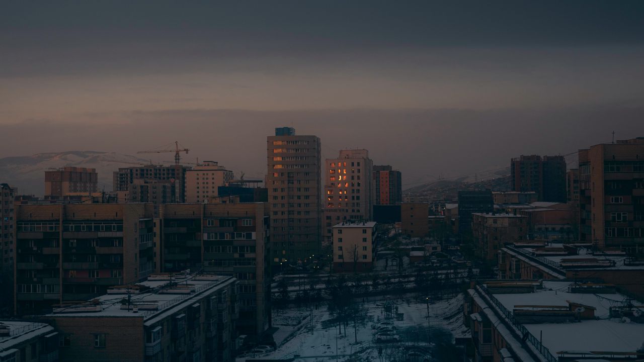 Обои город, здания, вид сверху, сумерки, снег, зима