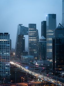 Превью обои город, здания, вид сверху, дорога, огни, сумерки