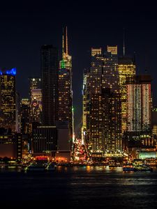 Превью обои городской пейзаж, ночь, нью-йорк, манхеттен, небоскребы, огни