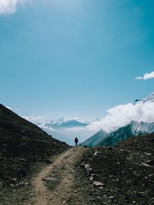 Превью обои горы, человек, турист, облака