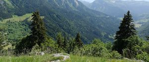 Превью обои горы, деревья, долина, пейзаж, природа, лес, растения