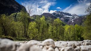 Превью обои горы, деревья, камни, облака, природа