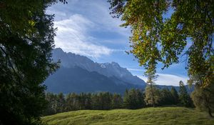 Превью обои горы, деревья, лес, луг, пейзаж