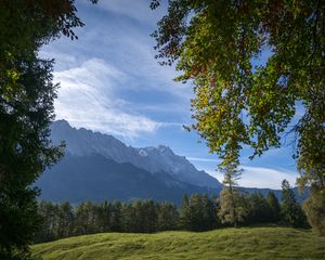 Превью обои горы, деревья, лес, луг, пейзаж