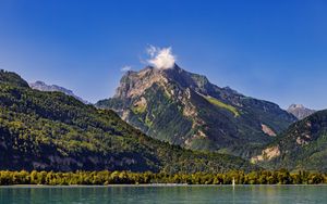 Превью обои горы, деревья, лес, озеро, небо, пейзаж