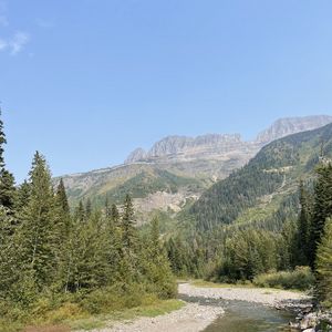 Превью обои горы, деревья, лес, река, пейзаж, природа