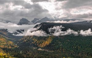 Превью обои горы, деревья, лес, долина, облака, пейзаж