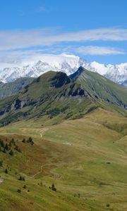 Превью обои горы, деревья, луг, природа, пейзаж