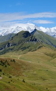 Превью обои горы, деревья, луг, природа, пейзаж