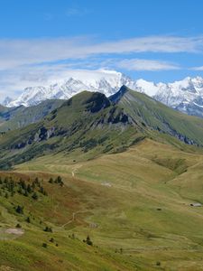 Превью обои горы, деревья, луг, природа, пейзаж
