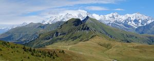 Превью обои горы, деревья, луг, природа, пейзаж