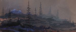 Превью обои горы, деревья, луна, силуэт, посох, арт