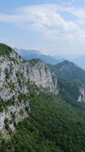 Превью обои горы, деревья, облака, пейзаж, вид сверху
