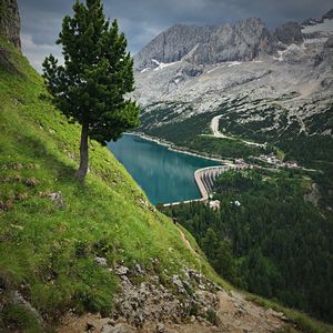 Превью обои горы, деревья, озеро, плотина, пейзаж