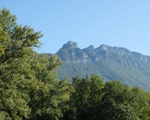 Превью обои горы, деревья, пейзаж, природа, луг, трава