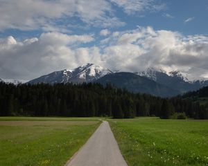 Превью обои горы, деревья, поле, тропинка, природа, пейзаж