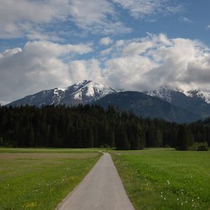 Превью обои горы, деревья, поле, тропинка, природа, пейзаж