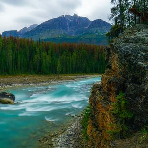 Превью обои горы, деревья, река, скалы, пейзаж