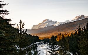 Превью обои горы, деревья, река, снег, пейзаж, природа