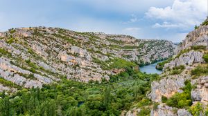 Превью обои горы, деревья, река, природа, пейзаж, вид сверху