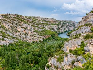 Превью обои горы, деревья, река, природа, пейзаж, вид сверху