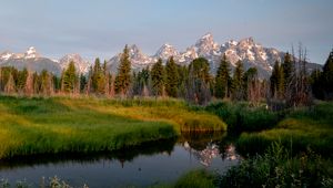 Превью обои горы, деревья, река, луг, трава, пейзаж