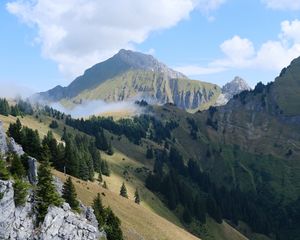 Превью обои горы, деревья, склоны, облака, пейзаж