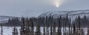 Превью обои горы, деревья, снег, закат, пейзаж, зима