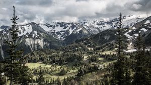 Превью обои горы, деревья, снег, вид, природа