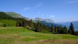 Превью обои горы, деревья, трава, лужайка, пейзаж