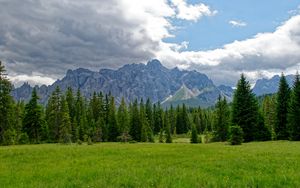 Превью обои горы, деревья, трава, облака