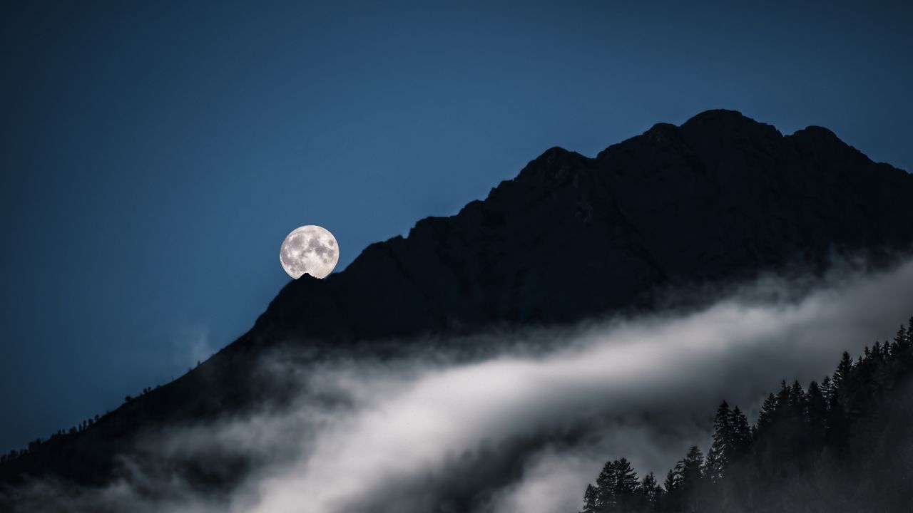 Обои горы, деревья, туман, луна, ночь, пейзаж